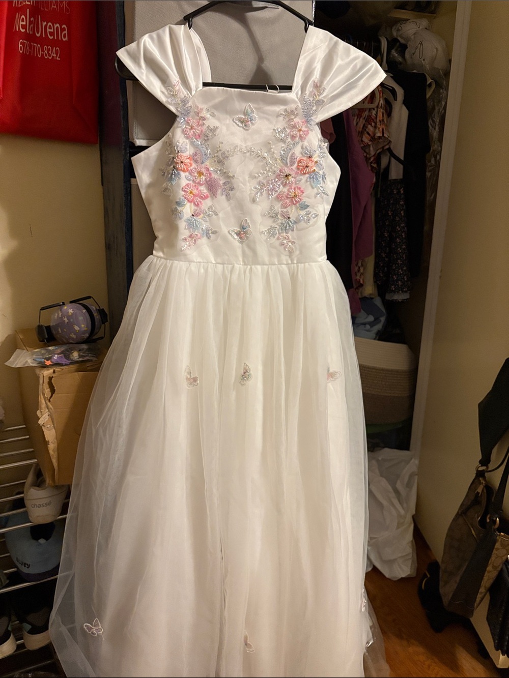 White Floral Embroidered Girls' Formal Dress with Pastel Accents